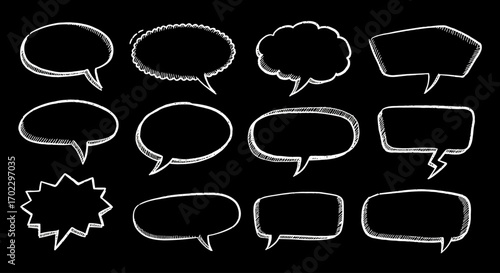 A collection of twelve hand-drawn white sketch speech bubbles and thought balloons in various shapes on a black background.