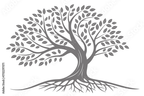Stylized gray tree with visible roots and leaves on a white background