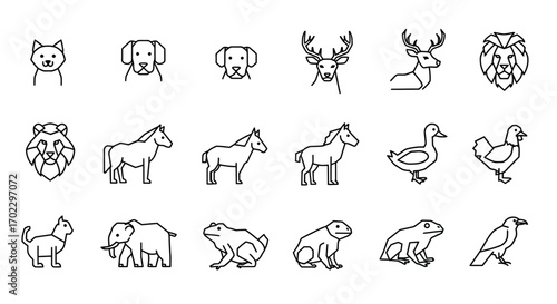 A collection of simple, line-art icons representing various animals, including cats, dogs, deer, lions, horses, ducks, chickens, elephants, frogs, and birds.