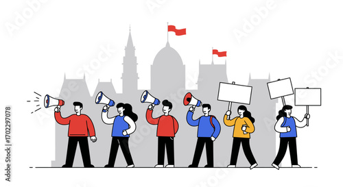 Flat vector illustration of people protesting with megaphones and placards in front of government buildings. Minimalist and modern design style, suitable for editorial, political articles