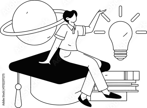 Inspiring innovator discovers brilliant idea with knowledge, planets, and graduation cap symbolizing education and future success