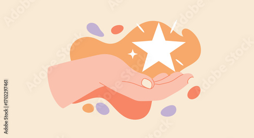 A stylized hand gently holds a sparkling white star, surrounded by abstract, organic shapes in warm, soft colors, symbolizing quality, achievement, or a special moment.