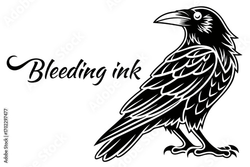 Stylized black raven bird with bleeding ink text