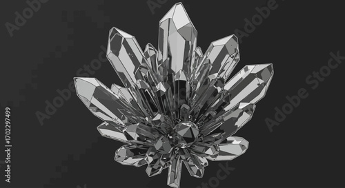 A striking cluster of highly reflective, faceted silver crystals rendered in 3D against a dark, minimalist background, showcasing intricate geometric forms.
