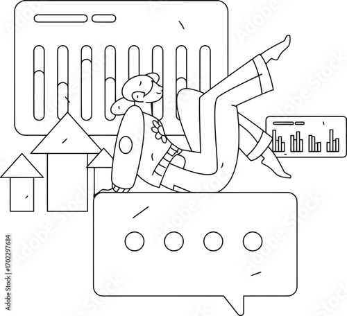 Relaxed person enjoying success and communication with trending data charts and upward growth arrows symbolizing achievement and positive progress in business or personal development