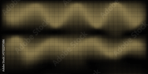 Abstract luxury banner with golden glittering dots on black background. Sparkling glitter bottom border, vector frame. Halftone effect. Magical gold dust. Pop art style backdrop.
