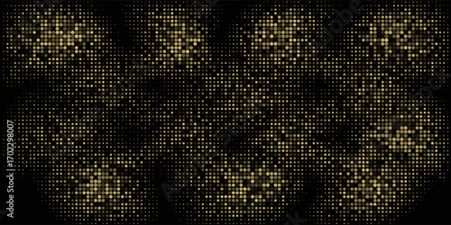 Abstract luxury banner with golden glittering dots on black background. Sparkling glitter bottom border, vector frame. Halftone effect. Magical gold dust. Pop art style backdrop.