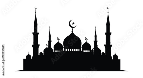 Vector art of silhouette of a mosque with domes and minarets