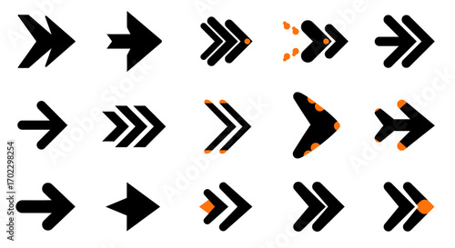 A collection of various black and orange arrow icons and symbols, indicating direction and movement for user interfaces.