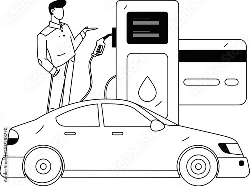 Man fueling car at modern station with credit card payment option symbolizing convenience and efficient transactions for drivers on the go