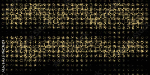 Abstract luxury banner with golden glittering dots on black background. Sparkling glitter bottom border, vector frame. Halftone effect. Magical gold dust. Pop art style backdrop.