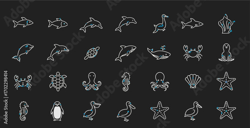 Flat vector illustration of marine animal icons set in outline style, including fish, dolphin, whale, crab, octopus, turtle, penguin, seahorse, pelican, seashell, and starfish, minimal line art with b