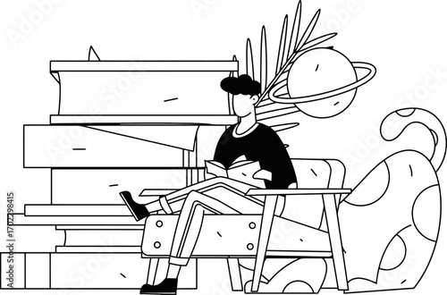 Young person engrossed in a book while relaxing in a stylish chair surrounded by abstract shapes and cosmic elements, symbolizing knowledge and imagination