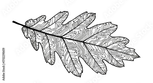 Detailed black and white illustration of an oak leaf with its natural veins replaced by an intricate electronic circuit board pattern, symbolizing the intersection of nature and technology.