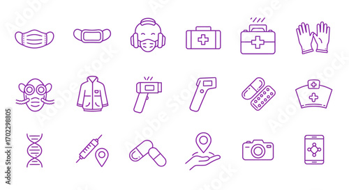 A comprehensive set of purple line icons representing medical, health, safety, and scientific concepts, including masks, thermometers, DNA, and first aid kits.