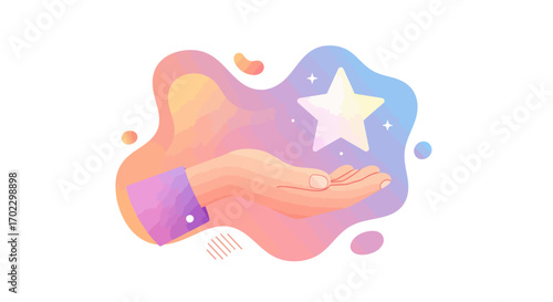 A stylized illustration of a hand gently holding a glowing star against a vibrant, abstract, fluid background, symbolizing quality, reward, or achievement.