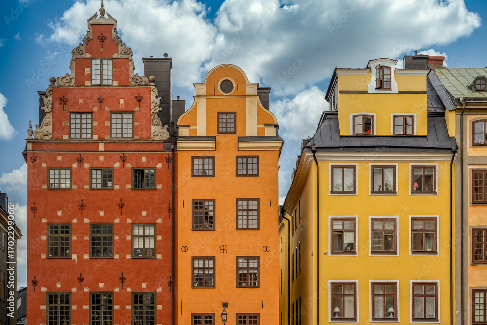 Naklejka premium View of the House of Schantz and Ribbing on Stortorget, oldest square in Stockholm old town with stepped gable facade and grand portal