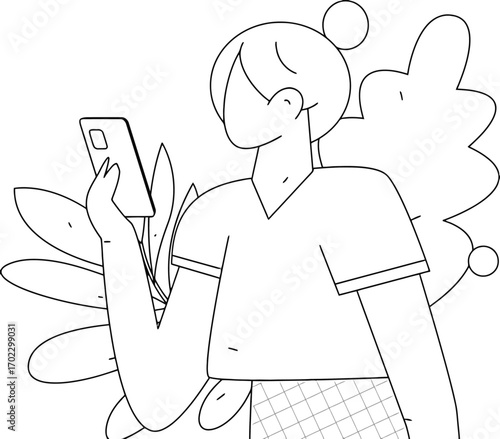 Young person engrossed in smartphone interaction, embracing modern digital connection and everyday communication amidst stylized organic shapes