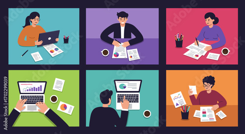 Six diverse individuals engaged in remote work, collaborating virtually on laptops and reviewing documents from their separate home offices.