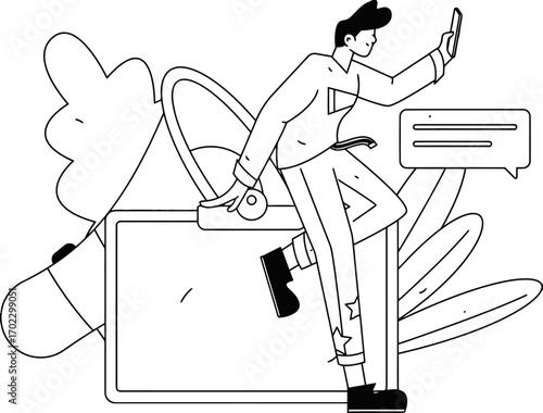 Dynamic businessman confidently managing mobile communication on the go, embracing modern workflow and digital connectivity with ease and efficiency