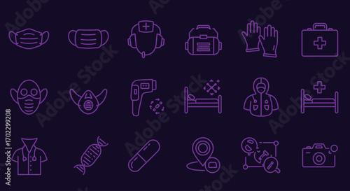 A collection of purple outline icons depicting medical supplies, personal protective equipment, hospital items, and scientific symbols on a dark background.