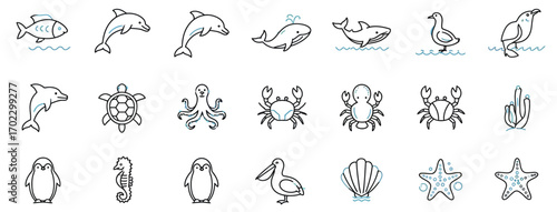 Flat vector illustration of marine animal icons set including fish, dolphin, whale, crab, octopus, turtle, penguin, seahorse, pelican, seashell, and starfish, simple cartoon style, isolated on white 