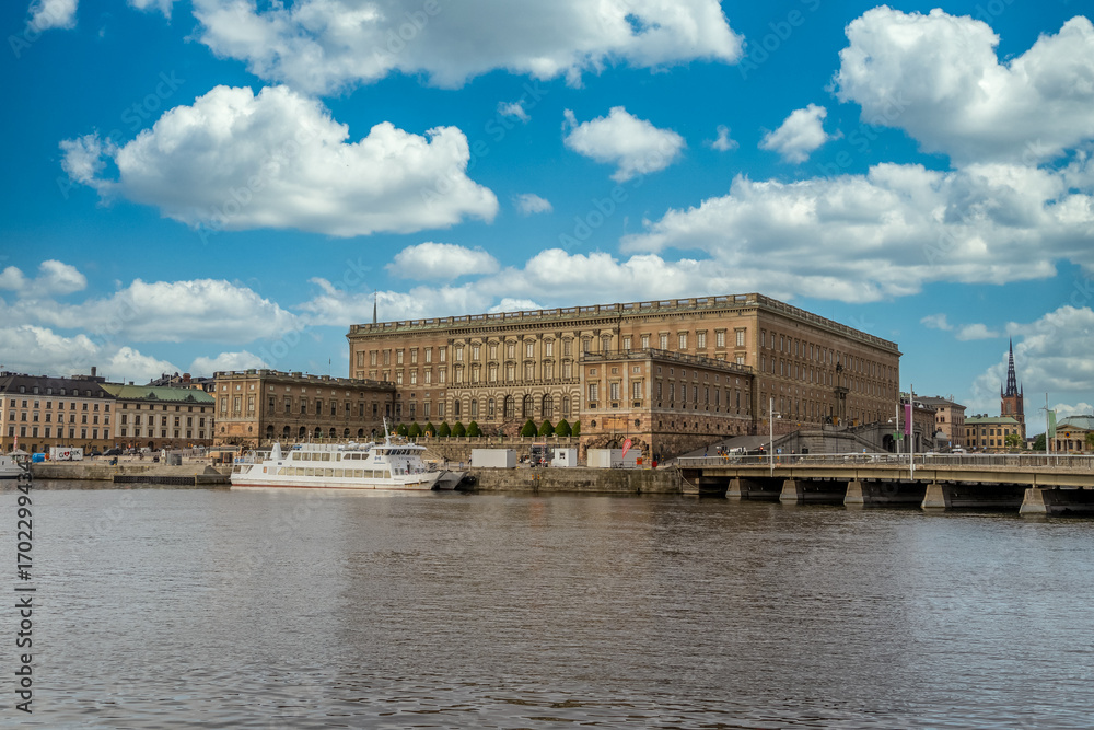 Fototapeta premium Historic royal palace in Stockholm's Old Town, serving as the official residence and a living symbol of the Swedish monarchy