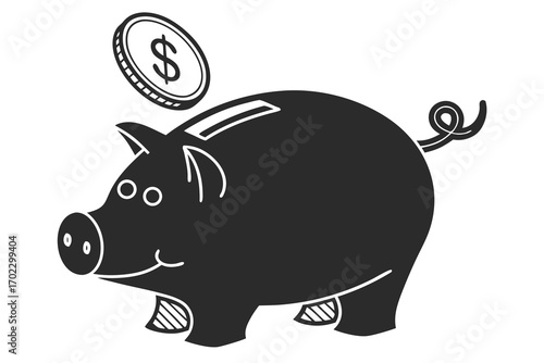 Black piggy bank with a dollar coin being inserted into the slot