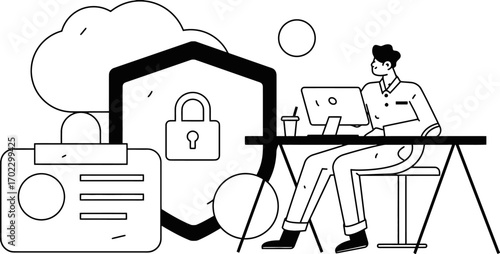 Professional individual working diligently at a desk with digital security and identification elements symbolizing data protection and access control