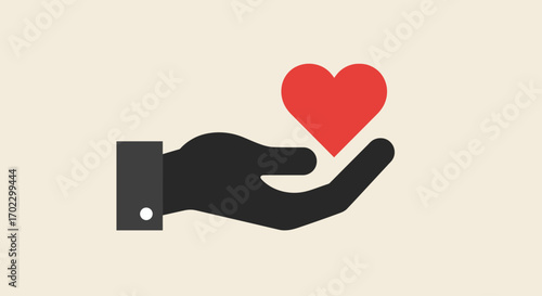 A stylized black hand holds a red heart, representing concepts of love, charity, donation, and healthcare.