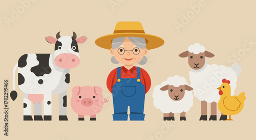 Flat vector illustration of a smiling farmer grandmother standing with farm animals including cow, pig, sheep, lamb, and chicken, cartoon style, isolated on beige background, cute agriculture concept 