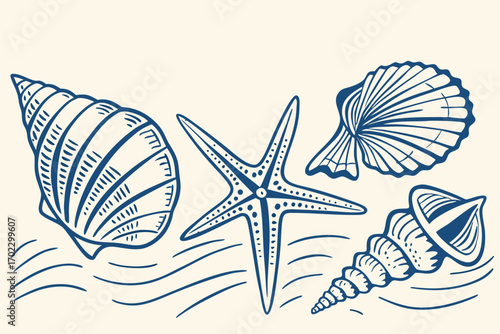 Blue line art seashells and starfish on cream background
