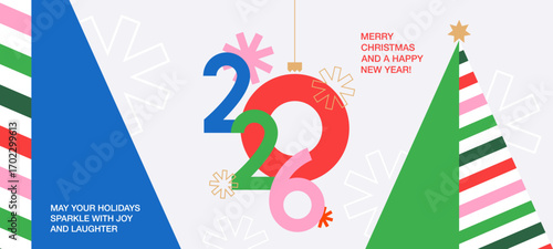 Merry Christmas and Happy New Year greeting card, poster, holiday cover, background template in modern geometric style with number 2026 design, snowflakes, Christmas tree for web, social media, print