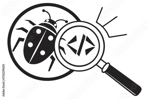Ladybug and magnifying glass with code symbols icon