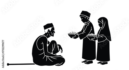 Vector art of children offering food to a poor man