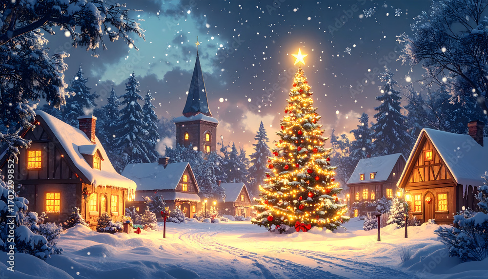 Fototapeta premium Festive winter village scene with christmas tree and illuminated houses under snowfall in blue cloudy sky generative AI