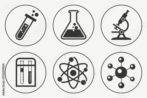 Collection of science and chemistry icons in circles