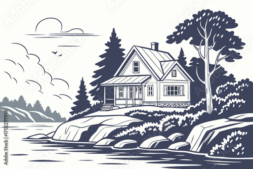 Rustic house on a rocky shore by the water with trees and clouds