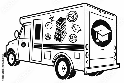 Mobile education truck with books and graduation caps illustration