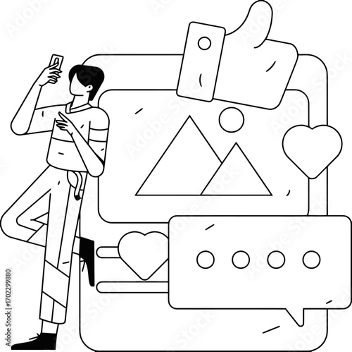 Engaged individual capturing social media moments with phone surrounded by likes hearts and chat bubbles symbolizing online connection and digital interaction