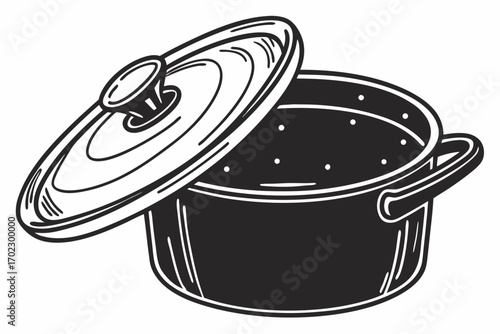 Black and white illustration of a cooking pot with its lid slightly ajar