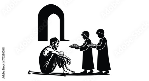 Vector art of children offering food to a poor man near an arch