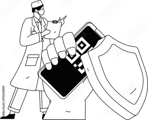Professional doctor with mask and clipboard securely holds smartphone displaying QR code protected by shield, symbolizing data safety and digital health solutions
