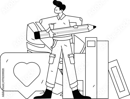 Creative artist holding giant pencil surrounded by books and a social media like icon, symbolizing inspiration and content creation for modern projects.