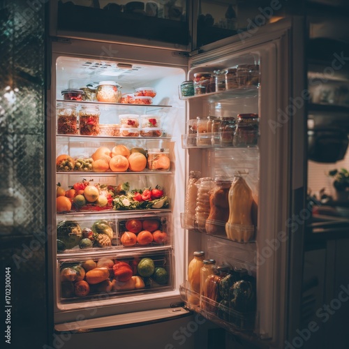 Fully stocked refrigerator glowing with fresh produce and drinks illuminated at night