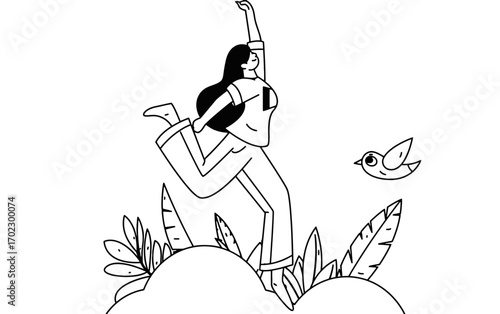 Joyful woman leaping skyward with arms raised in a playful dance, surrounded by whimsical clouds and a cheerful bird, embodying freedom and happiness