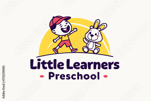 Happy child and bunny logo for little learners preschool