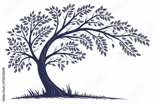 Stylized dark blue tree with leaves and grass on white background