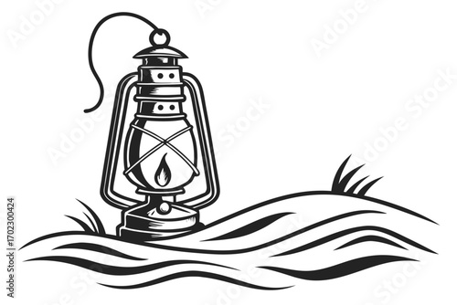 Vintage kerosene lantern on a grassy hill with wavy lines