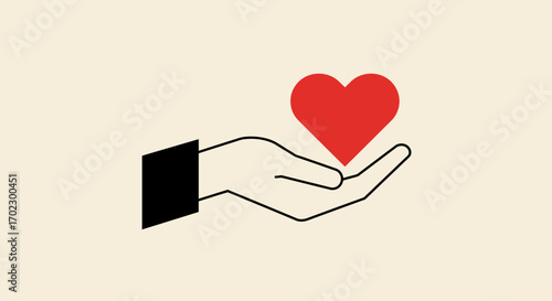 A minimalist illustration of an open hand offering a red heart, symbolizing love, charity, and compassion.